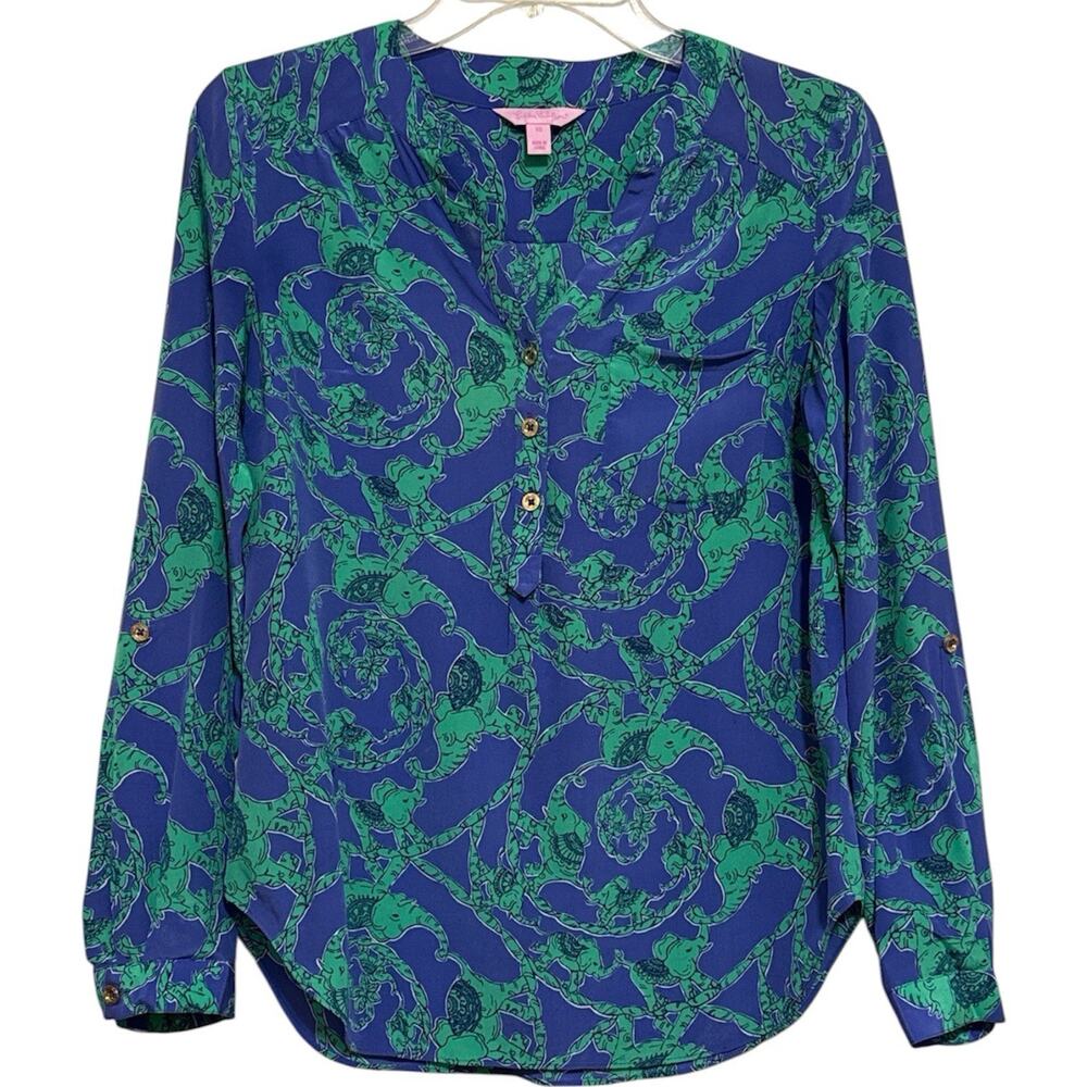 Lilly Pulitzer Delray Tunic Top Iris Blue Loopy Elephants Size XS
